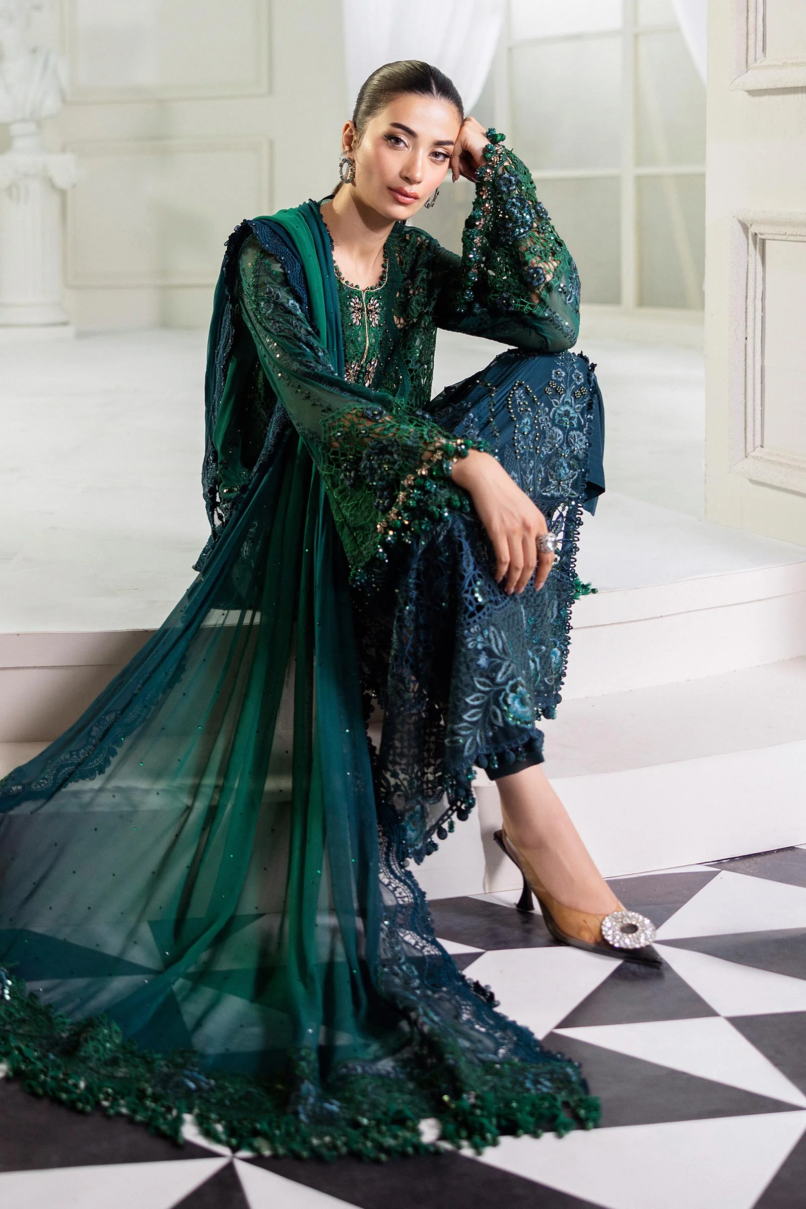 Maria b Unstitched Chiffon'25|MPC-25-106-Emerald Green To Tea