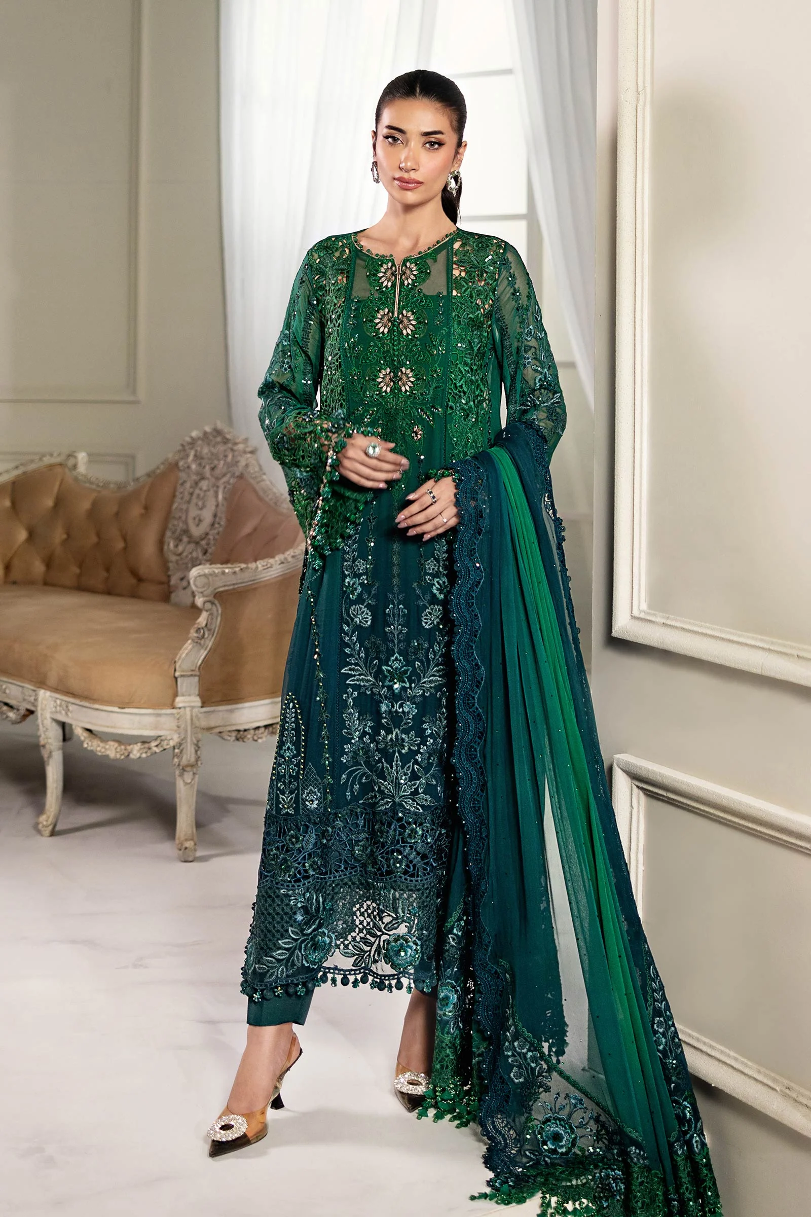 Maria b Unstitched Chiffon'25|MPC-25-106-Emerald Green To Tea
