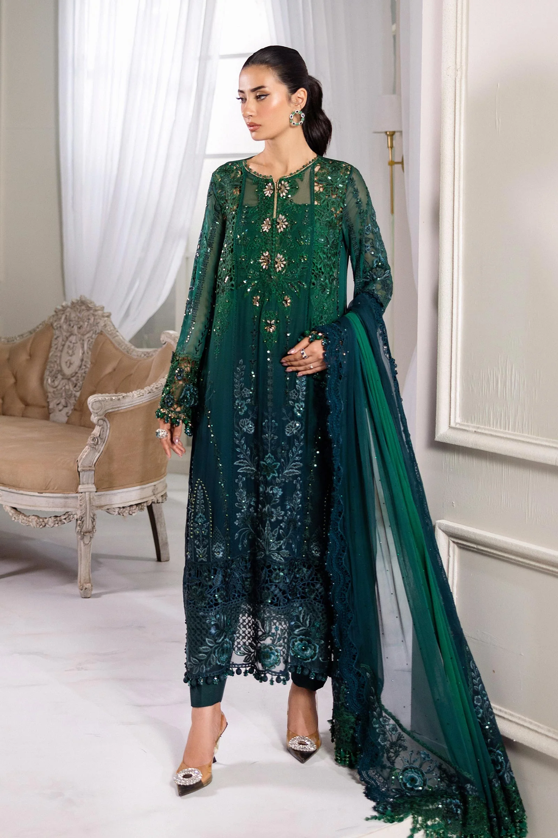 Maria b Unstitched Chiffon'25|MPC-25-106-Emerald Green To Tea