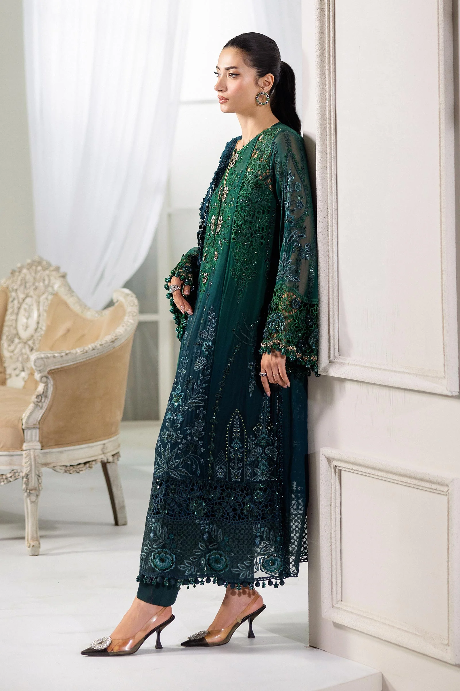 Maria b Unstitched Chiffon'25|MPC-25-106-Emerald Green To Tea