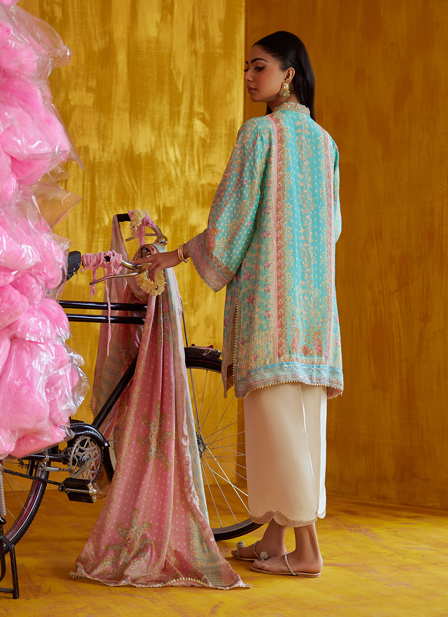 Farah Talib Aziz Mayna Festive Prints '25 - Juni Aqua Shirt And Dupatta