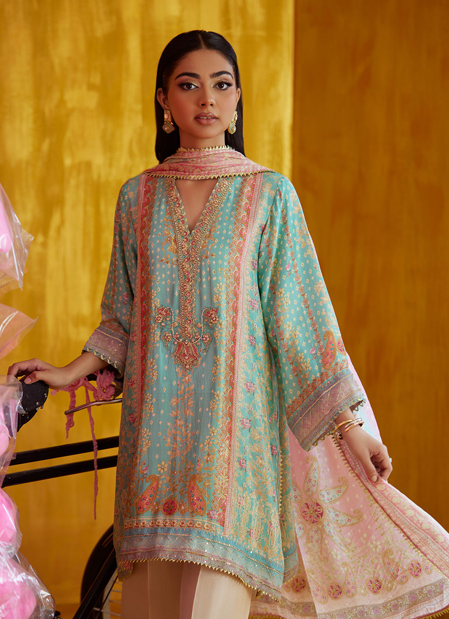 Farah Talib Aziz Mayna Festive Prints '25 - Juni Aqua Shirt And Dupatta