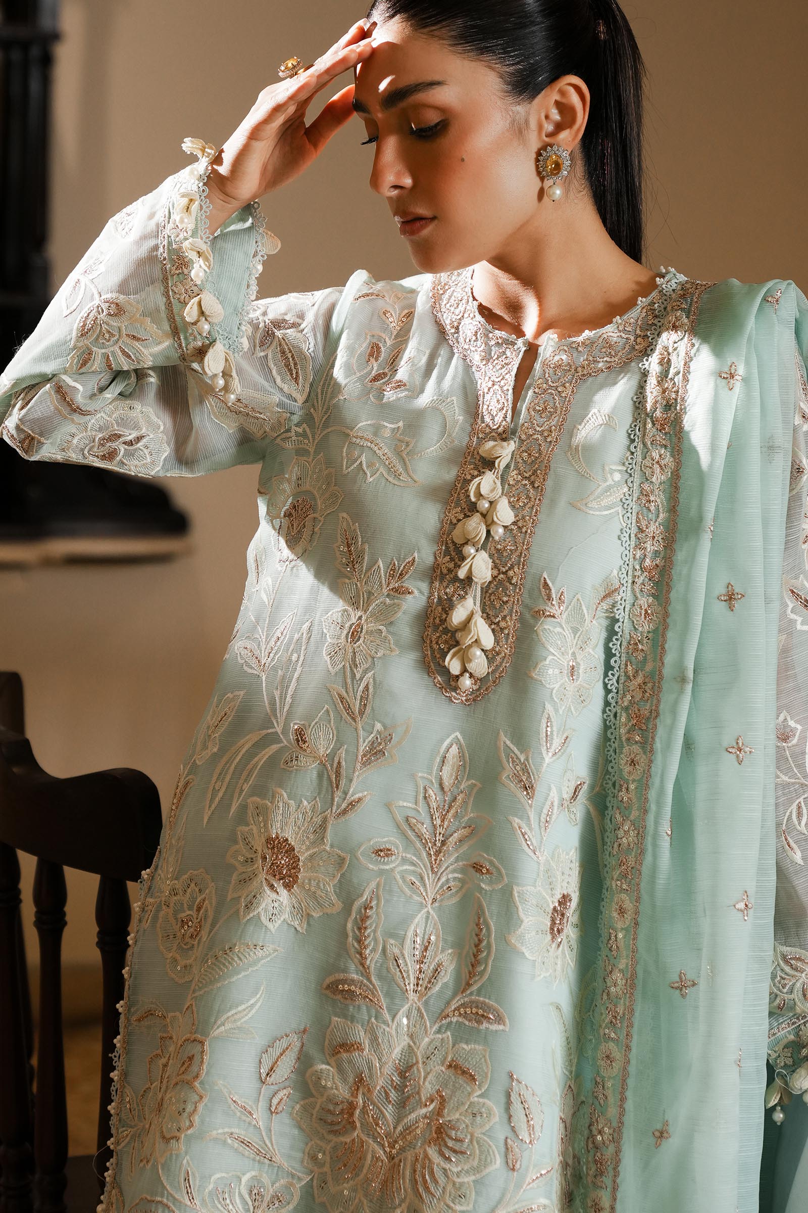 Sana Safinaz| Stitched Embroidered Cotton Shirt + Shalwar + Dupatta/ SS25SGE337P3