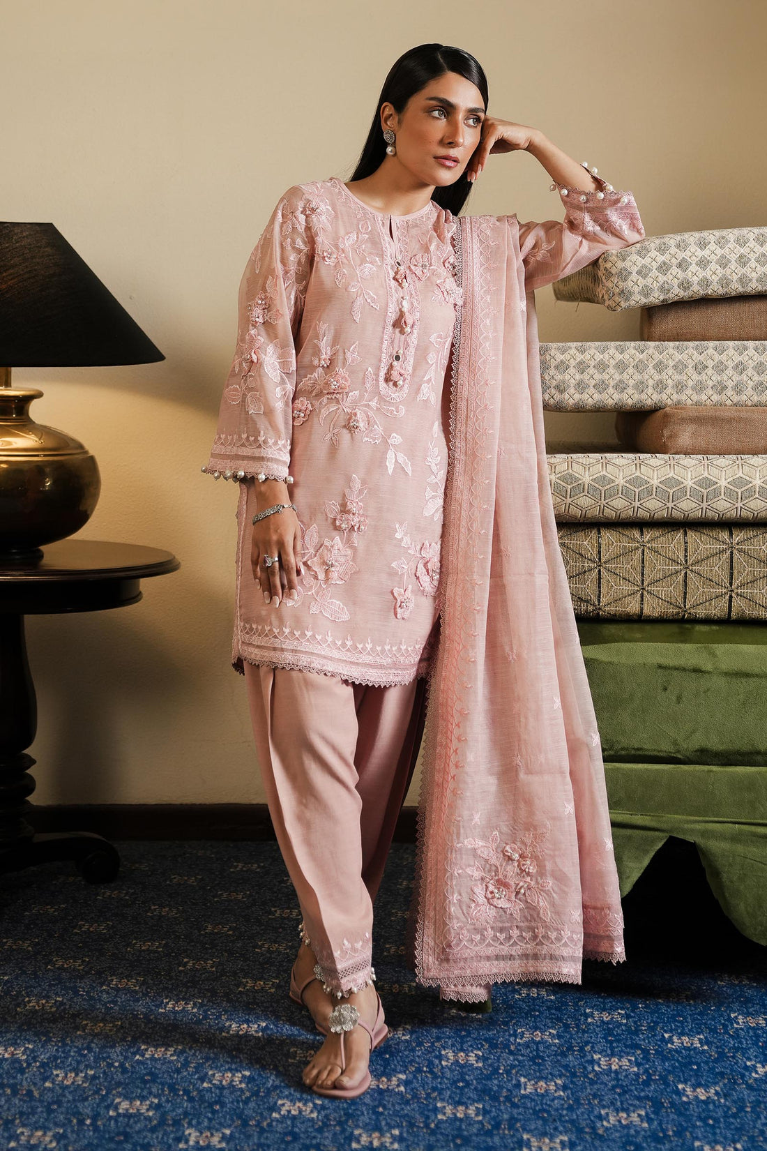 Sana Safinaz |Stitched Embroidered Cotton Shirt + Shalwar + Dupatta  SS25SGE346P3